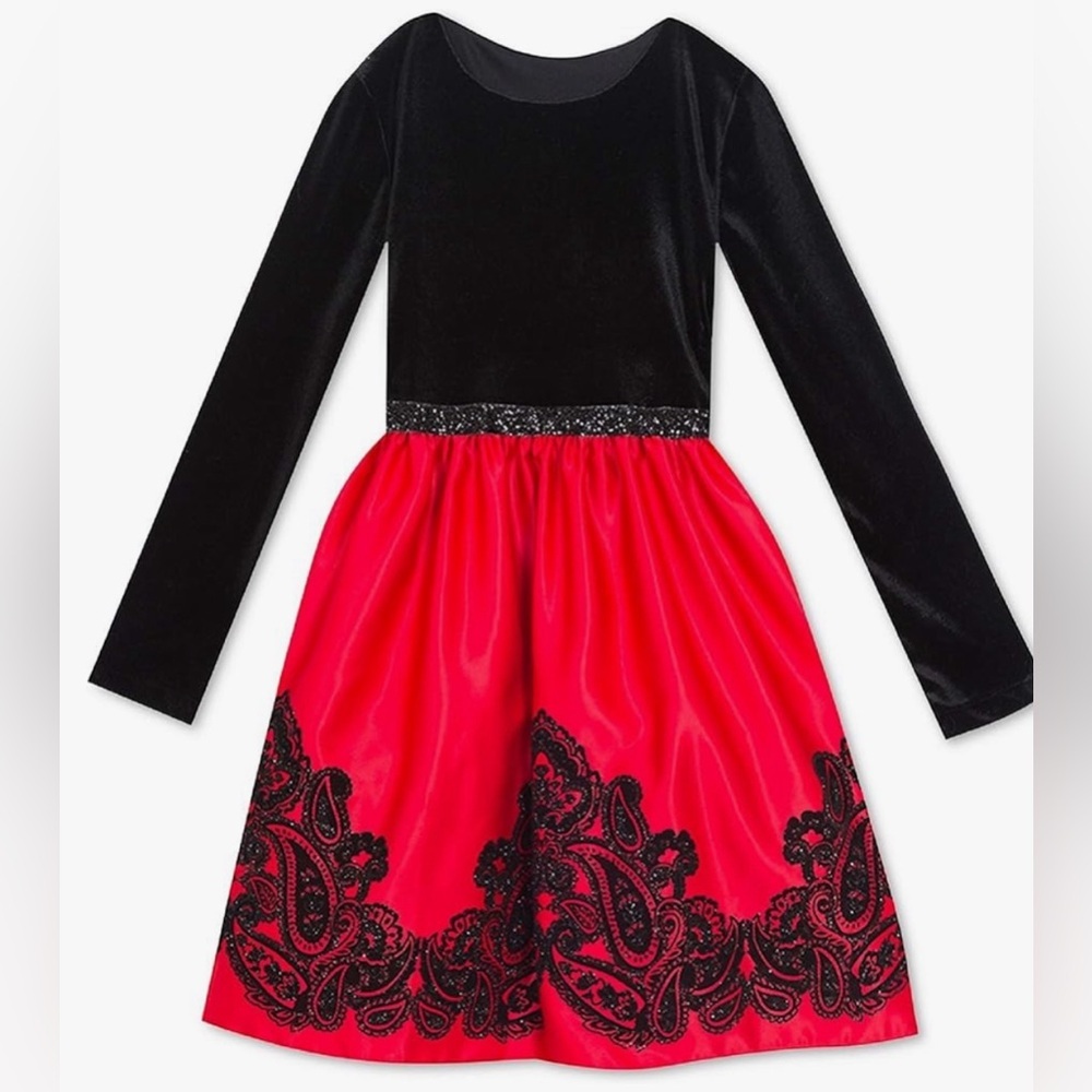 Rare Editions Velvet Flocked Satin Dress - Picture 3 of 9